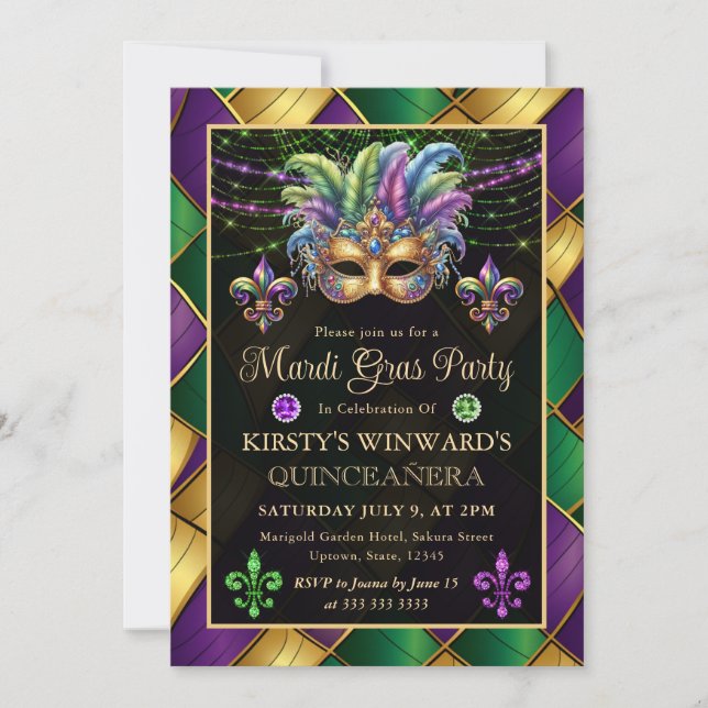 Mardi Gras Masquerade Quinceanera Invitation (Front)