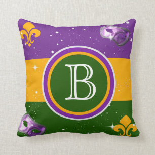 Mardi Gras Monogram Pillow w/mask and fleur de lis