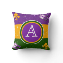 Mardi Gras Monogram Pillow w/mask and fleur de lis