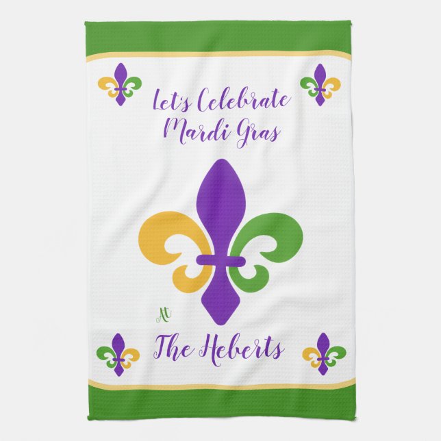 Mardi Gras NAME Green Gold Purple Fleur de Lis Kitchen Towel (Vertical)