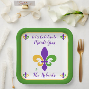 Mardi Gras NAME Green Gold Purple Fleur de Lis Paper Plate