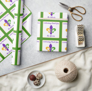 Mardi Gras NAME Green Gold Purple Fleur de Lis Wrapping Paper