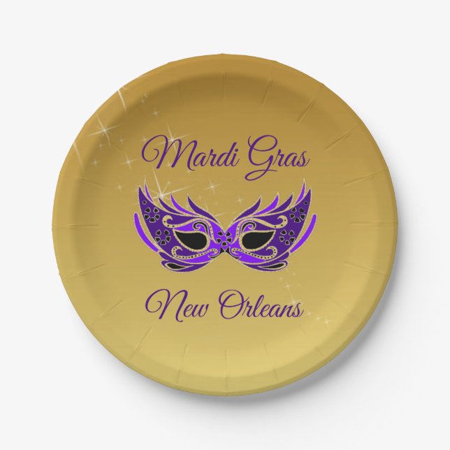 Mardi Gras New Orleans Mask on Gold Paper Plate (Front)