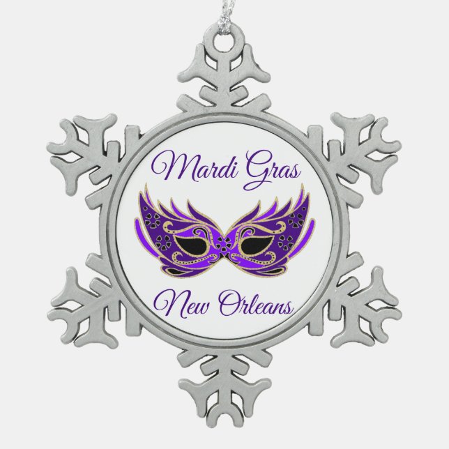 Mardi Gras New Orleans Mask Snowflake Pewter Christmas Ornament (Front)