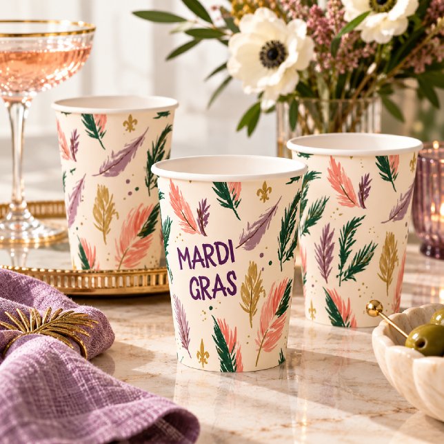 Mardi Gras Painted Feather Pattern Paper Cups (Creator Uploaded)