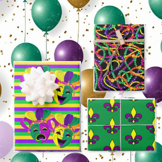 Mardi Gras Party Gift Beads Mask Fleur de Lis Gift Wrapping Paper Sheet