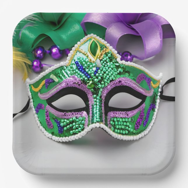 Mardi Gras Party Mask And Beads Paper Plate (Front)