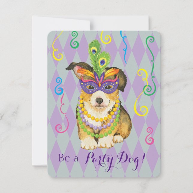 Mardi Gras Pembroke Welsh Corgi Invitation (Front)