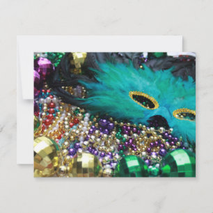 Mardi Gras Perles et Green Feather Mask Invitation