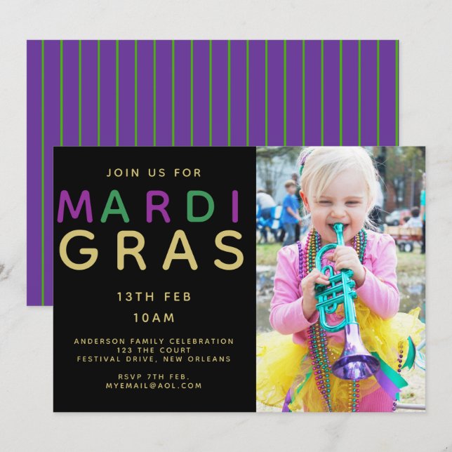 Mardi Gras Photo Invitation - Modern Purple Green (Front/Back)
