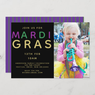 Mardi Gras Photo Invitation - Modern Purple Green