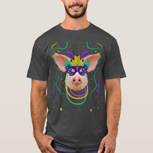Mardi Gras Pink Pig Polygon Wearing Mask Beads Pre T-Shirt