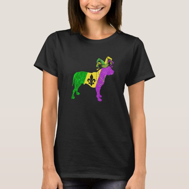 Mardi Gras Pitbull Dog Mardi Gras Hat Beads T-Shirt (Front)