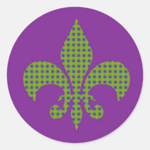 Mardi Gras Plaid Fleur de Lis Classic Round Sticker