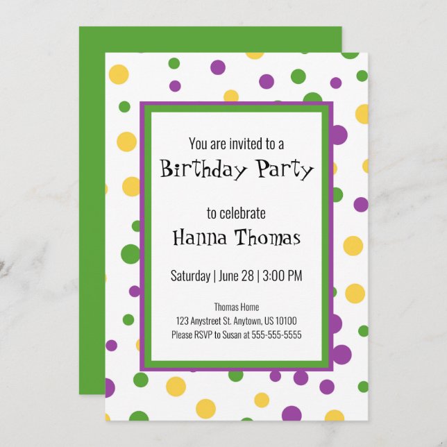 Mardi Gras Polka Dot Playful Birthday Invitation (Front/Back)
