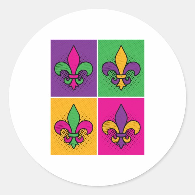 Mardi Gras Pop Art Fleur de Lis Classic Round Sticker (Front)