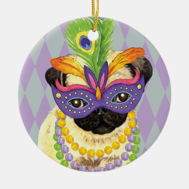 Mardi Gras Pug Ceramic Ornament (Front)
