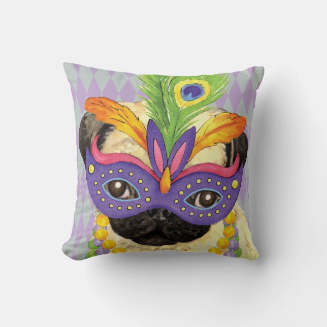 Mardi Gras Pug Throw Pillow (Front)