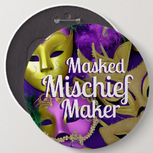 Mardi Gras Purple and Gold Masquerade Masks  6 Inch Round Button