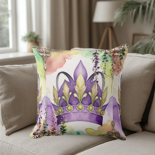 Mardi Gras Purple Crown Green & Gold Watercolor  Throw Pillow