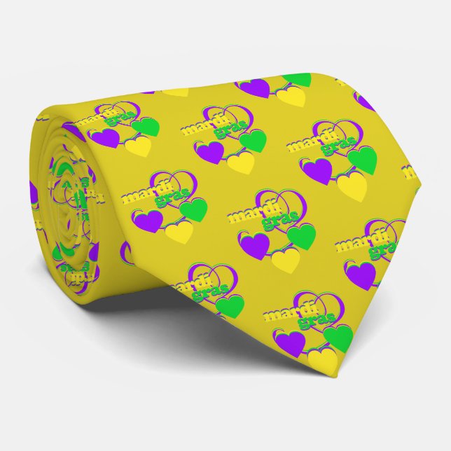 Mardi Gras Purple Yellow Green Cute Hearts Tie (Rolled)