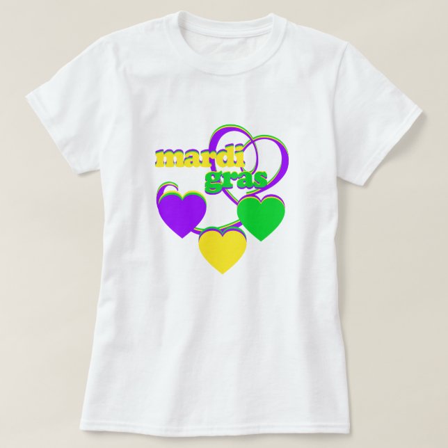 Mardi Gras Purple Yellow Green Heart Cute Carnival T-Shirt (Design Front)