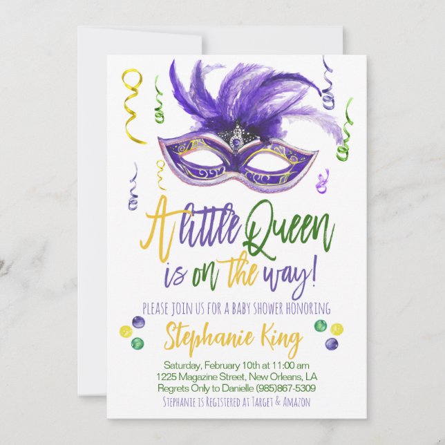 Mardi Gras Queen Baby Shower Invitation (Front)