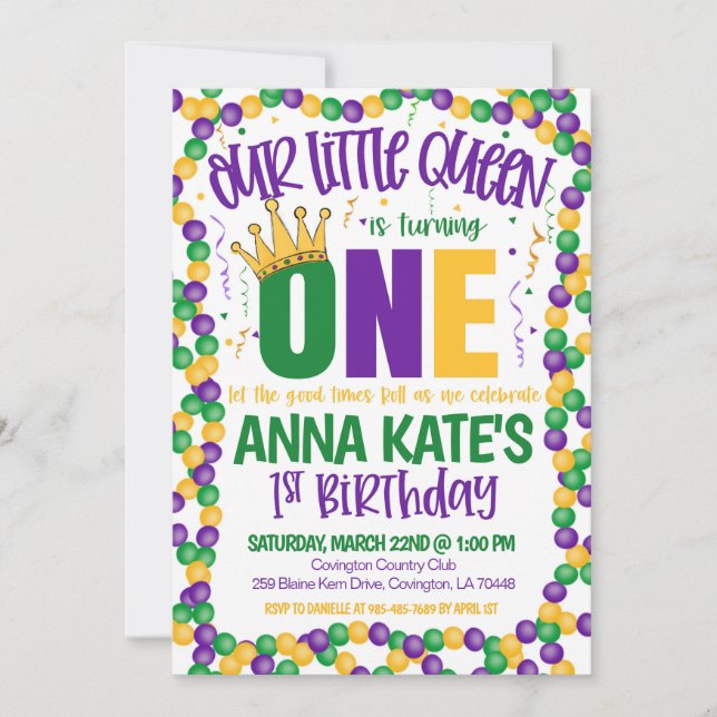 Mardi Gras Queen Invitation pour le premier annive (Devant)