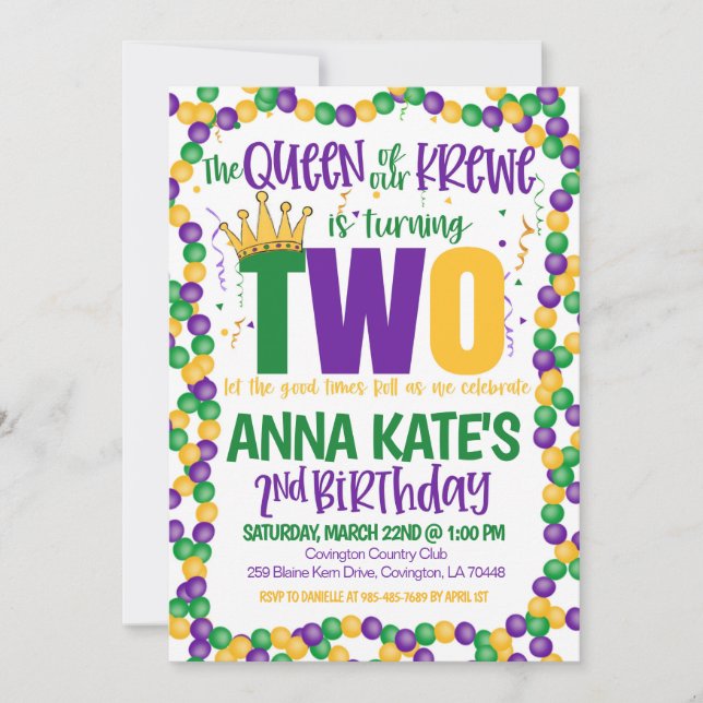 Mardi Gras Queen Second Birthday Invitation (Front)