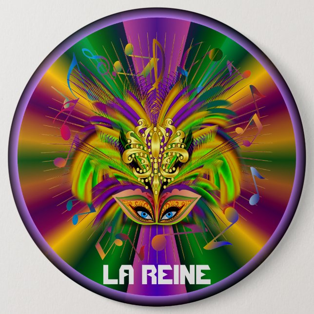 Mardi Gras Queen Style 3 View Notes Plse 6 Inch Round Button (Front)