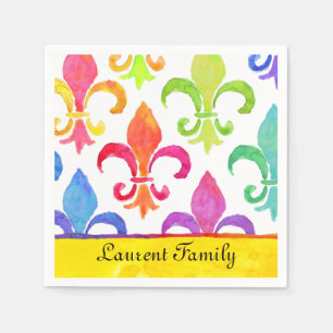 Mardi Gras Rainbow Fleur de lis Family Name Napkin