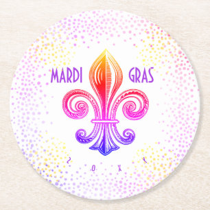 Mardi Gras Rainbow Fleur De Lis with Confetti Round Paper Coaster