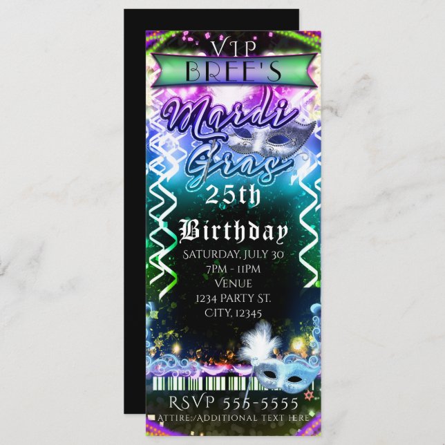 Mardi Gras Rainbow Glow VIP Birthday Party Ticket Invitation (Front/Back)