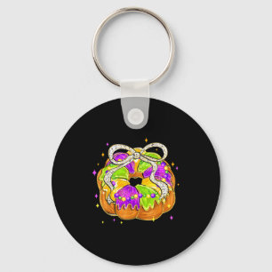 Mardi Gras Retro King Cake Coquette Bow Beads Carn Keychain