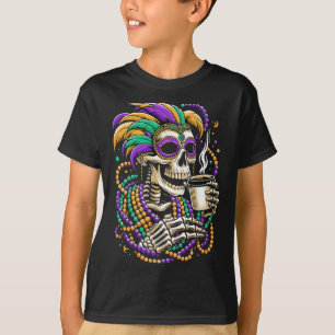 Mardi Gras Skeleton Drinking Coffee Beads Mask T-Shirt