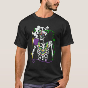 Mardi Gras Skeleton Drinking Coffee Mask Beads Fat T-Shirt