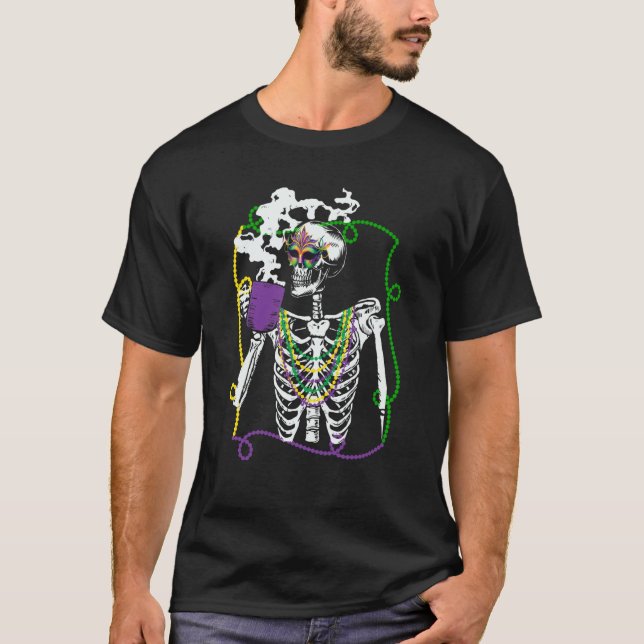 Mardi Gras Skeleton Drinking Coffee Mask Beads Fat T-Shirt (Front)