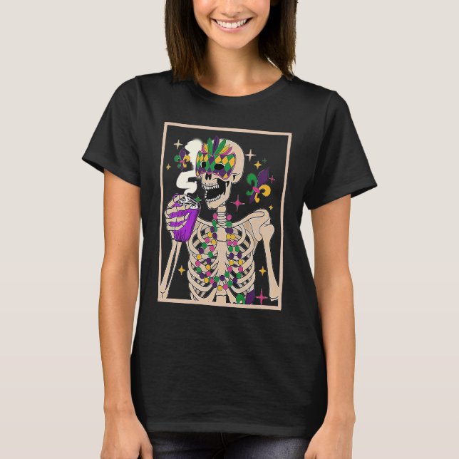 Mardi Gras Skeleton With Smiling Skull Drinking Co T-Shirt (Front)