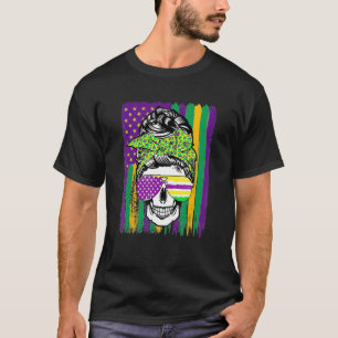 Mardi Gras Skull American Flag Funny Holiday_1 T-Shirt