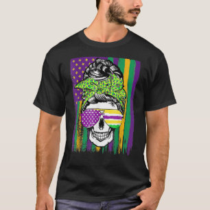 Mardi Gras Skull American Flag Holiday T-Shirt