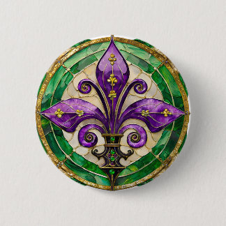 Mardi Gras Stained Glass Fleur de lis 2 Inch Round Button