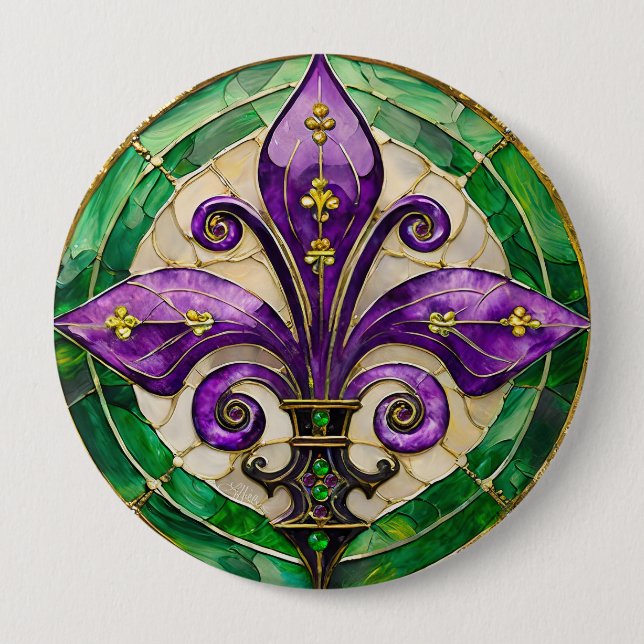 Mardi Gras Stained Glass Fleur de lis  4 Inch Round Button (Front)