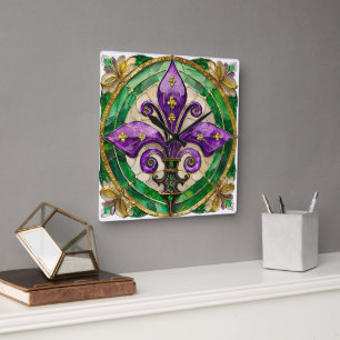 Mardi Gras Stained Glass Fleur de lis  Square Wall Clock