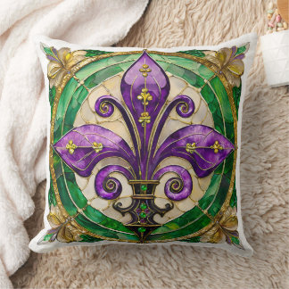 Mardi Gras Stained Glass Fleur de lis Throw Pillow