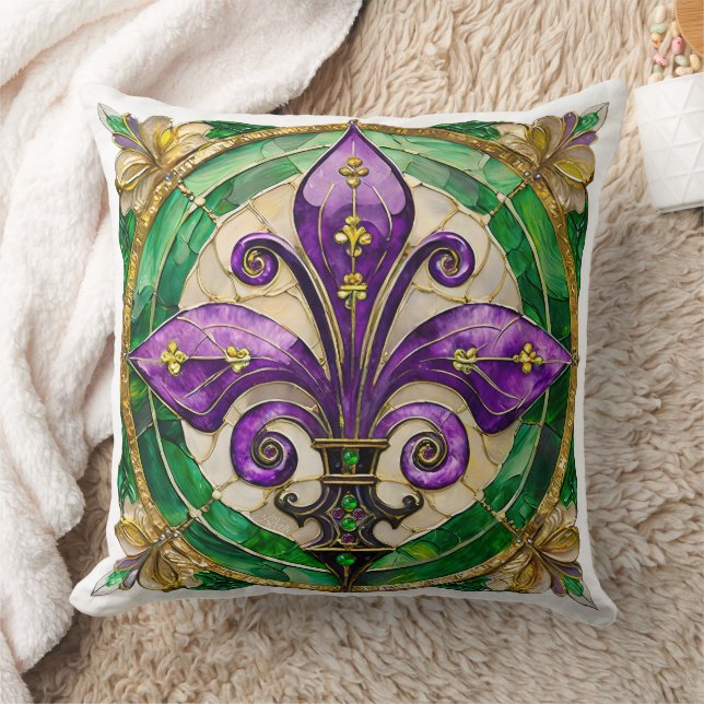 Mardi Gras Stained Glass Fleur de lis  Throw Pillow (Blanket)