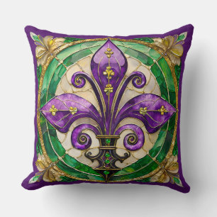 Mardi Gras Stained Glass Fleur de lis  Throw Pillow