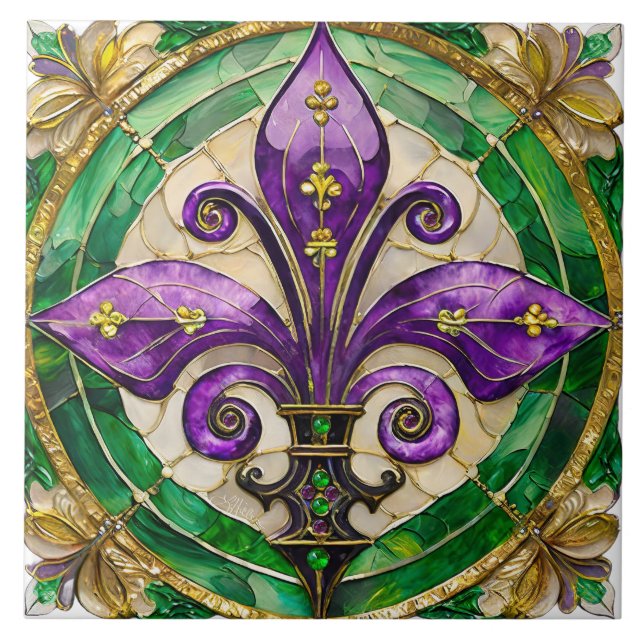 Mardi Gras Stained Glass Fleur de lis  Tile (Front)
