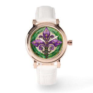 Mardi Gras Stained Glass Fleur de lis Watch
