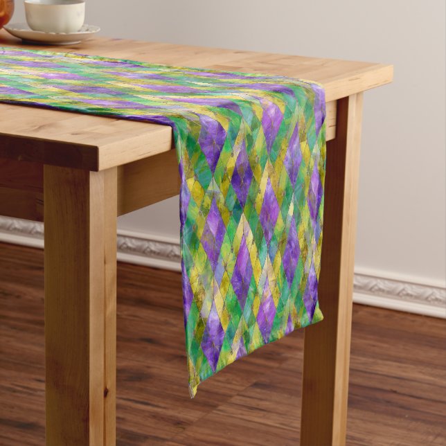 Mardi Gras Stained Glass Harlequin Print Short Table Runner (In Situ)