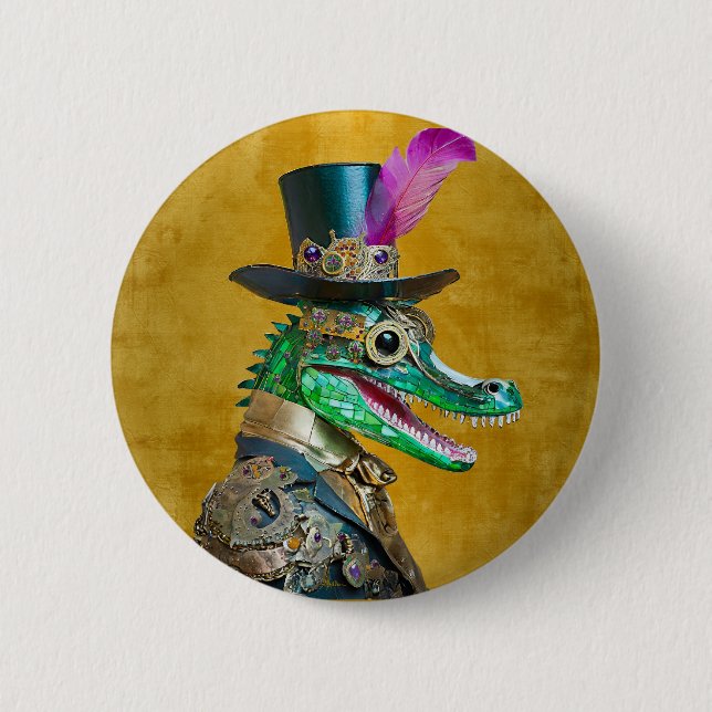 Mardi Gras Steampunk Party Animal Alligator 2 Inch Round Button (Front)